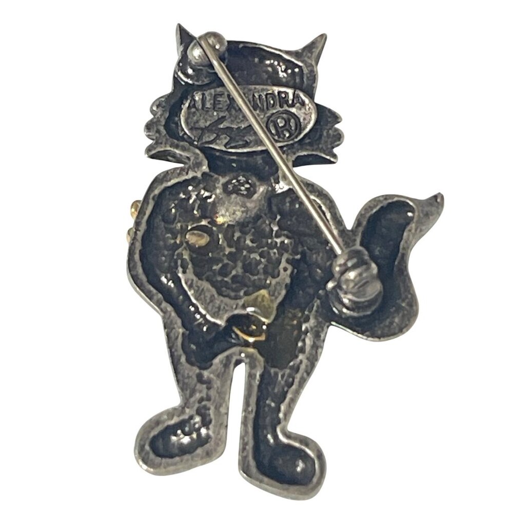 Alexandra Gentleman Cat Brooch Pin Pewter Gold-Tone Flowers Whimsical Design - Picture 2 of 6